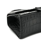 Shiny Calfskin Monochrome Crocodile Embossed Hourglass Top Handle Bag XS Black