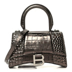 Metallic Shiny Calfskin Crocodile Embossed Hourglass Top Handle Bag XS Dark Bronze