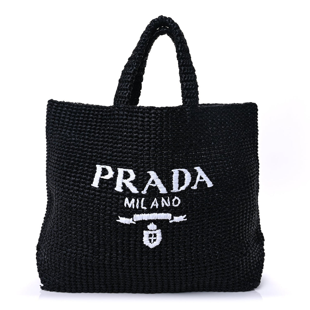 Prada Yarn Raffia Effect Crochet Large Logo Tote Black