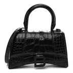 Shiny Calfskin Monochrome Crocodile Embossed Hourglass Top Handle Bag XS Black