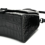 Shiny Calfskin Monochrome Crocodile Embossed Hourglass Top Handle Bag XS Black
