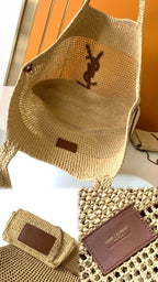 SAINT LAURENT ICARE IN RAFFIA NATUREL AND BROWN GOLD