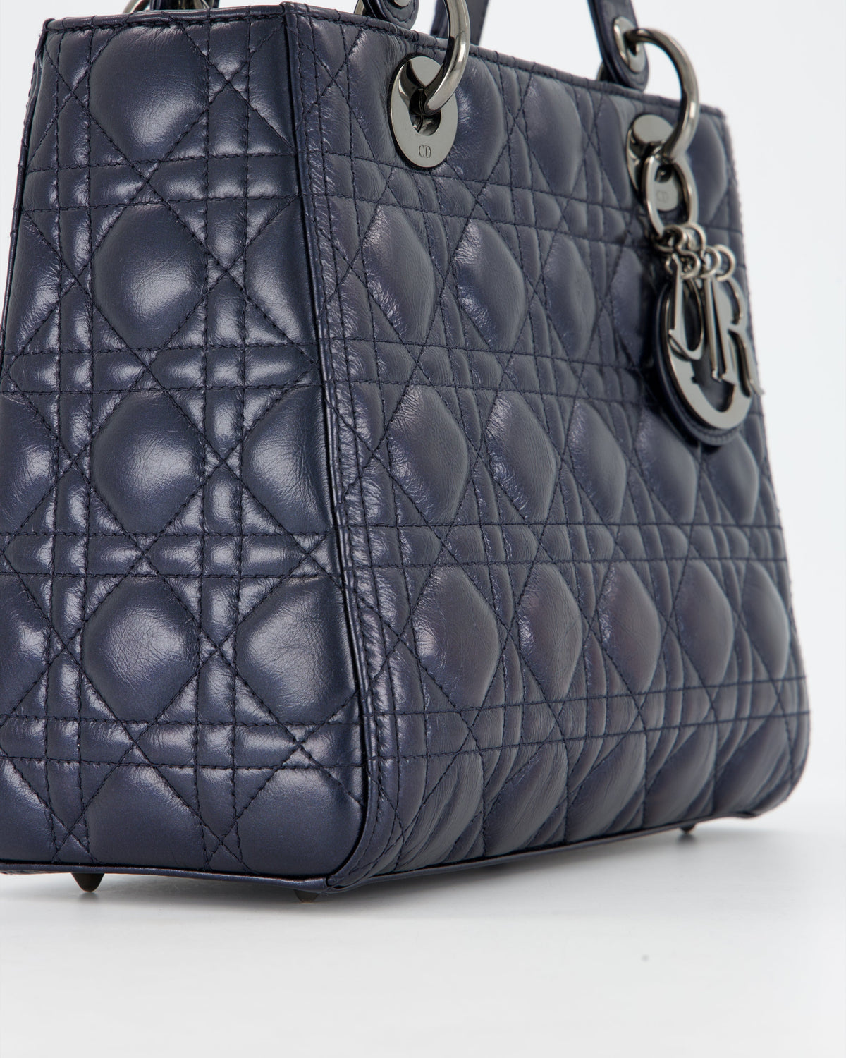 Christian Dior Medium Lady Dior Bag in Metallic Deep Blue Crinkled Lambskin Leather with Ruthenium Hardware