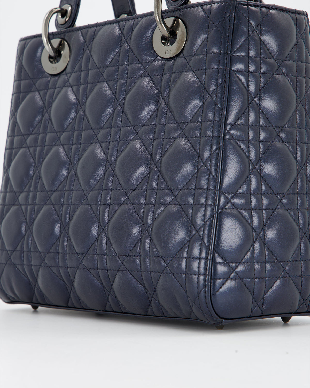 Christian Dior Medium Lady Dior Bag in Metallic Deep Blue Crinkled Lambskin Leather with Ruthenium Hardware