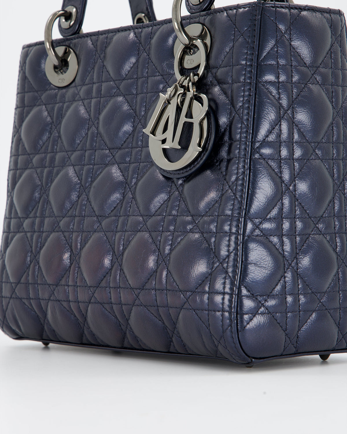 Christian Dior Medium Lady Dior Bag in Metallic Deep Blue Crinkled Lambskin Leather with Ruthenium Hardware