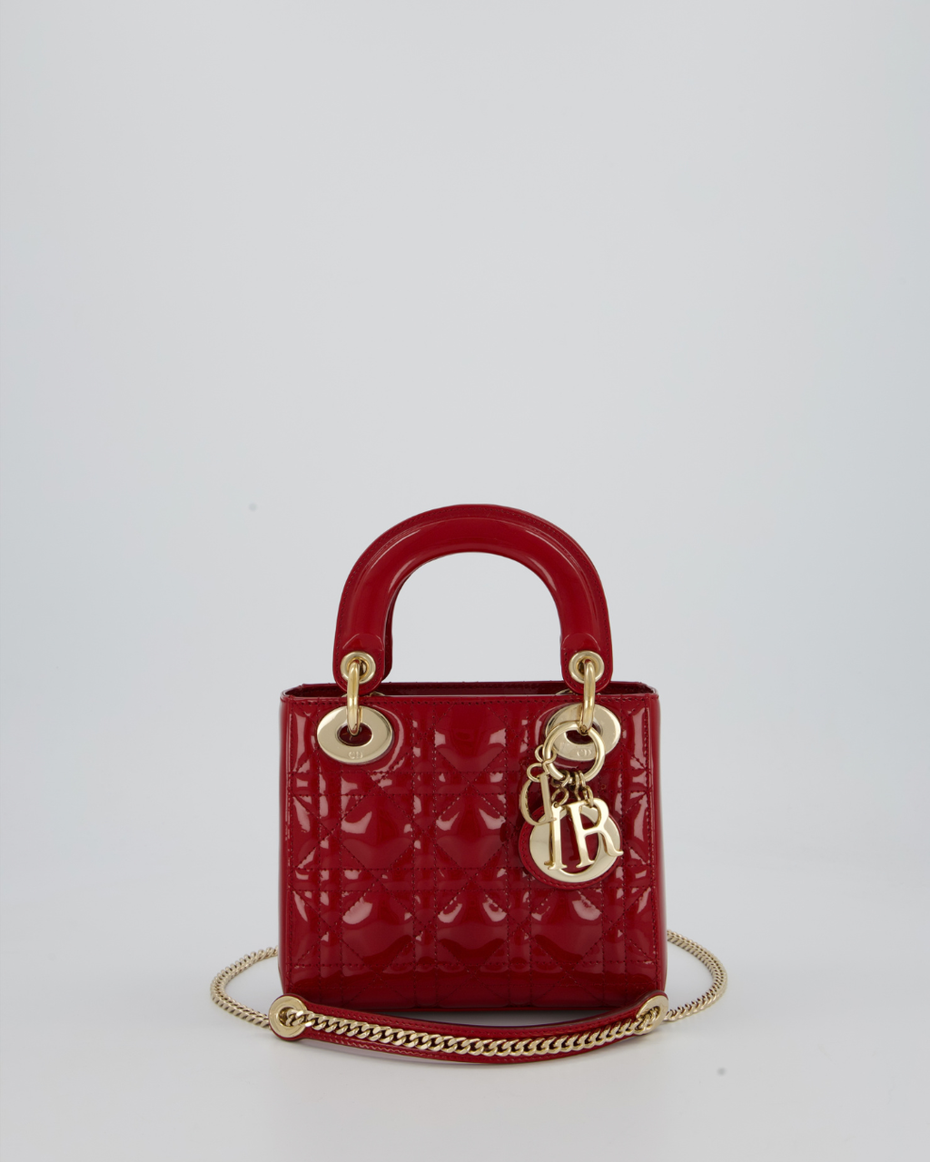 Christian Dior Mini Lady Dior Bag in Cherry Red Patent Leather with Gold Hardware