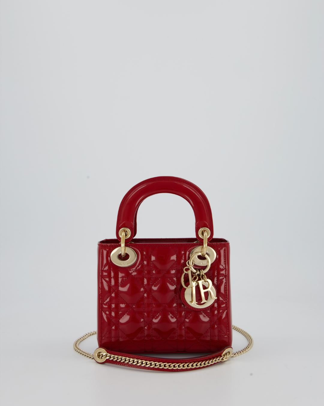 Christian Dior Mini Lady Dior Bag in Cherry Red Patent Leather with Gold Hardware