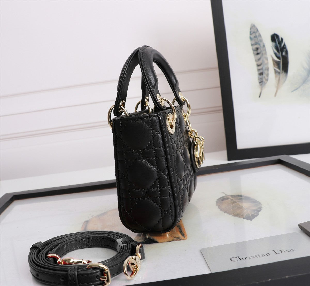 Dior Mini Black Quilted Leather Crossbody Handbag with Gold Charms