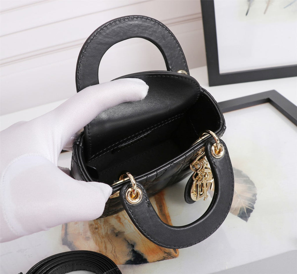 Dior Mini Black Quilted Leather Crossbody Handbag with Gold Charms