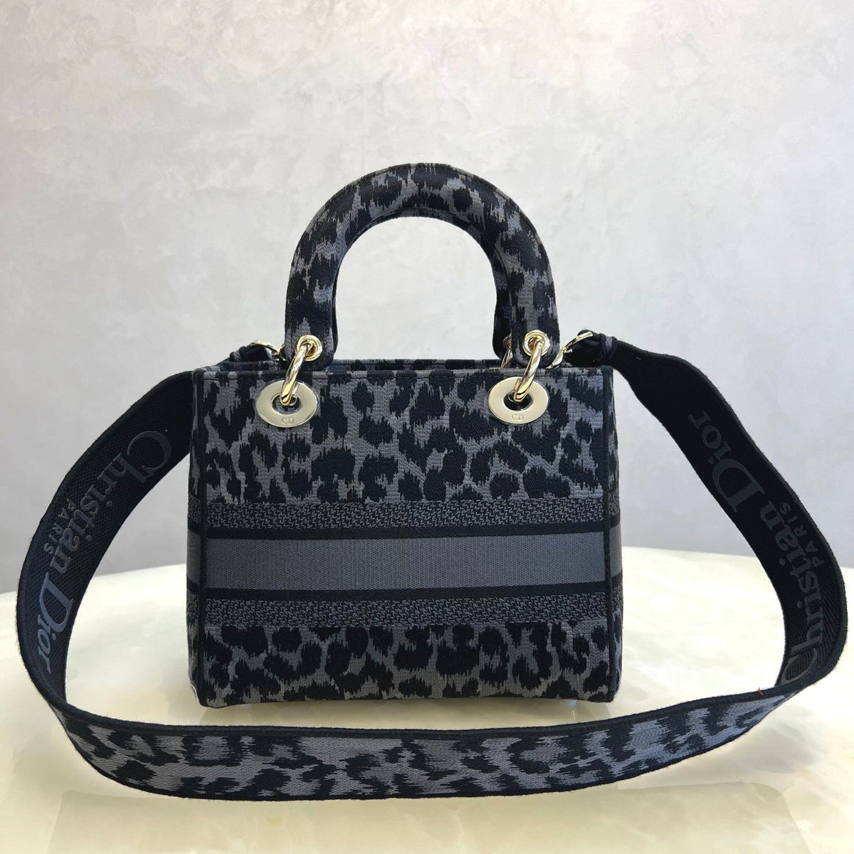 Dior Grey Leopard Print Canvas Mini Handbag with Shoulder Strap