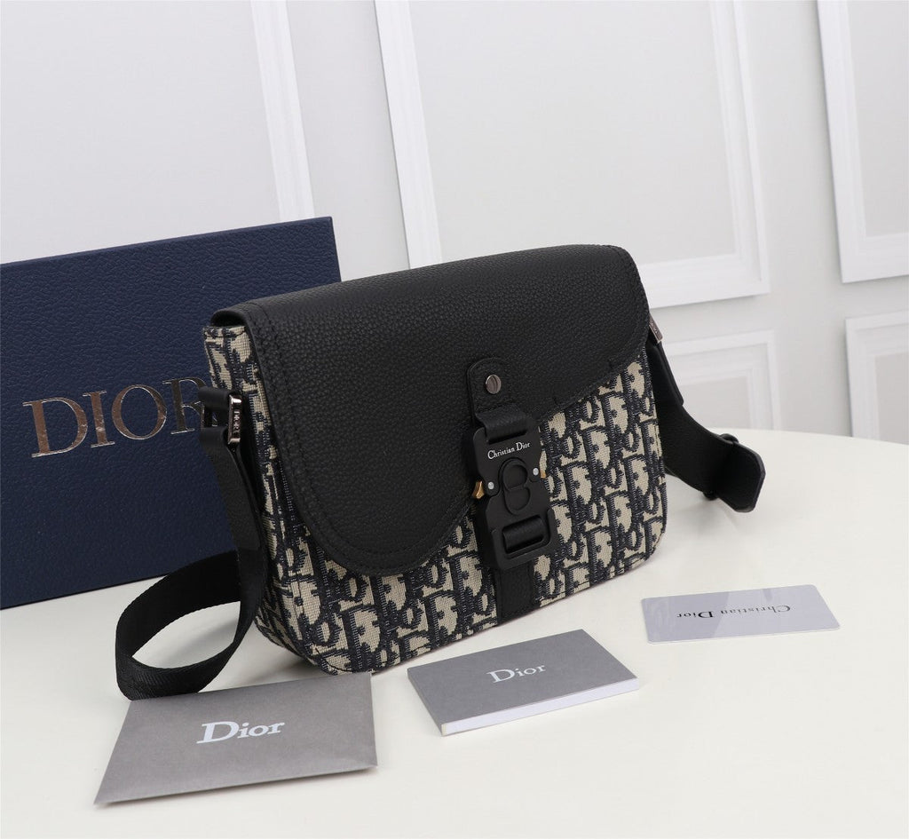 Dior Vintage Monogram Canvas Crossbody Messenger Bag with Black Leather Flap