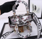 Christian Dior Lady D-Lite Handbag Grey Floral Embroidery with Pink Stripe
