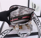 Christian Dior Lady D-Lite Handbag Grey Floral Embroidery with Pink Stripe