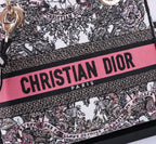 Christian Dior Lady D-Lite Handbag Grey Floral Embroidery with Pink Stripe