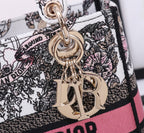 Christian Dior Lady D-Lite Handbag Grey Floral Embroidery with Pink Stripe