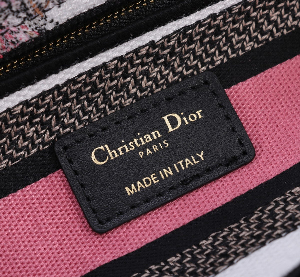 Christian Dior Lady D-Lite Handbag Grey Floral Embroidery with Pink Stripe