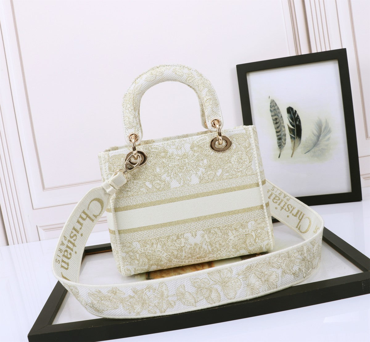 Dior Elegant Beige Embroidered Canvas Top Handle Handbag with Gold Charms