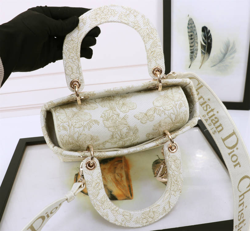 Dior Elegant Beige Embroidered Canvas Top Handle Handbag with Gold Charms