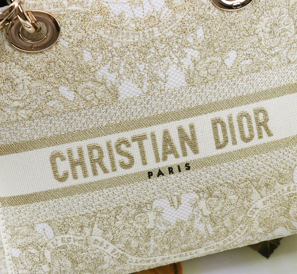 Dior Elegant Beige Embroidered Canvas Top Handle Handbag with Gold Charms