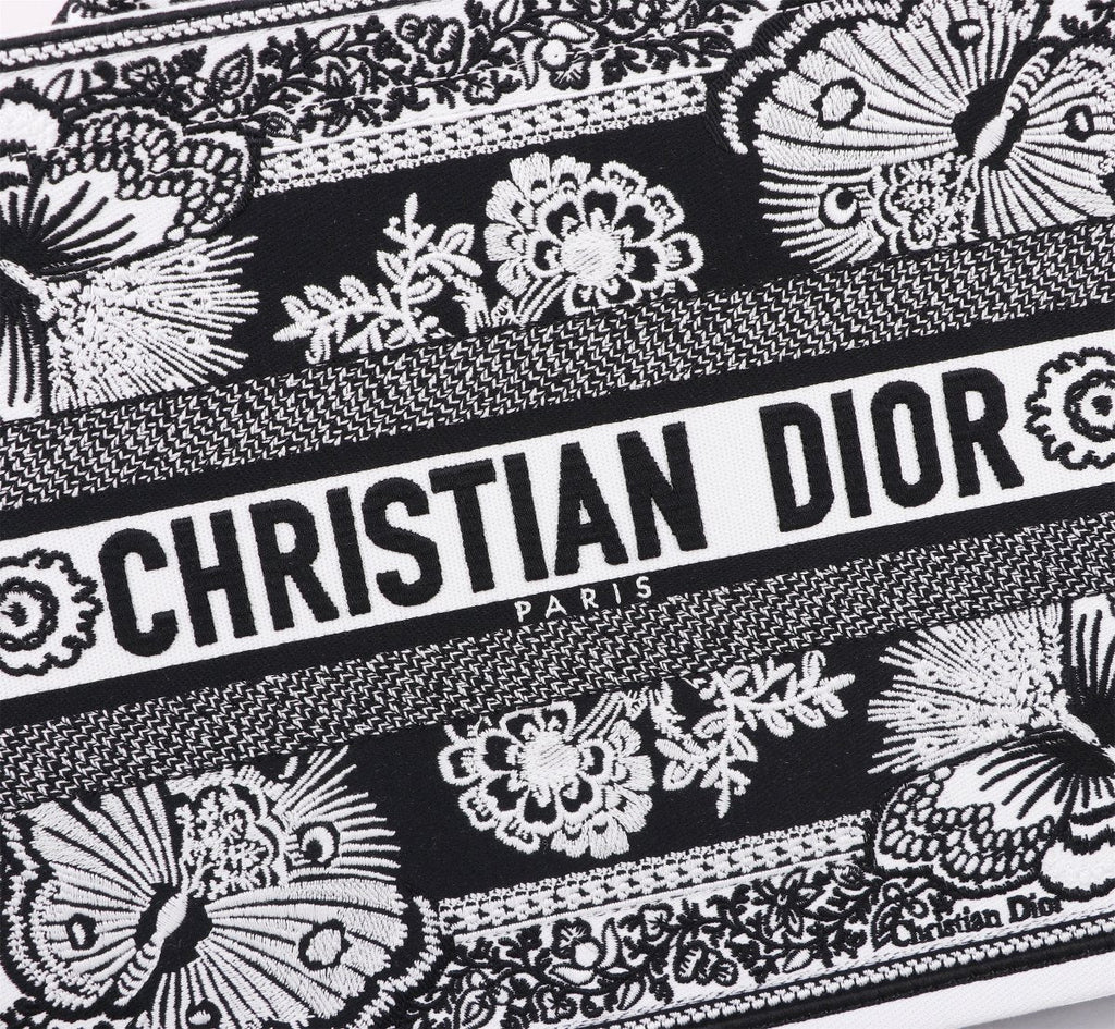 Dior Black and White Embroidered Butterfly Canvas Tote Handbag