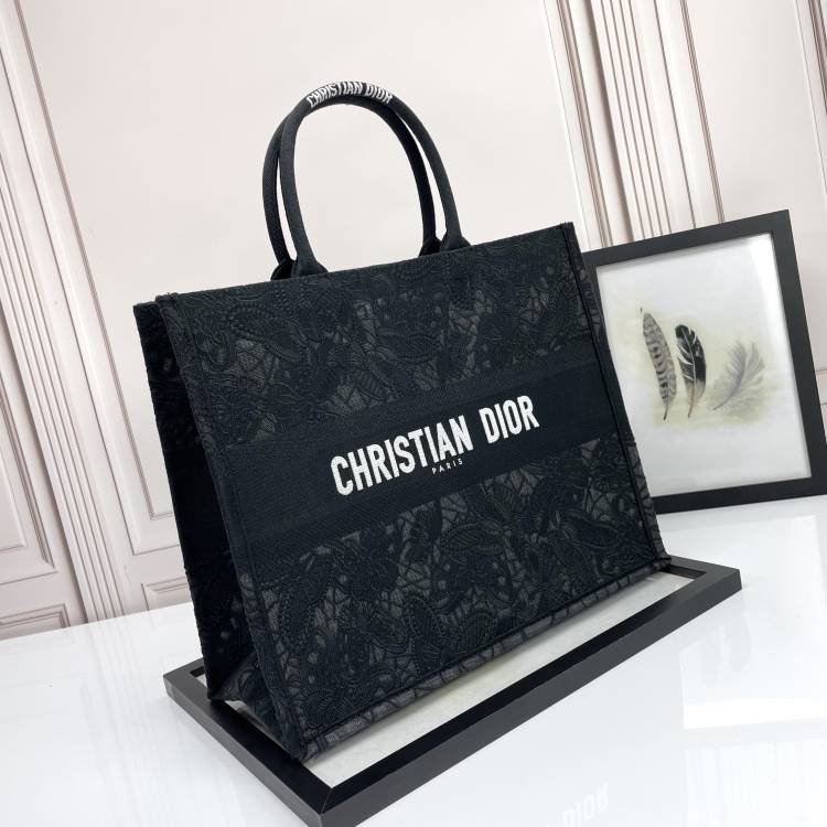 Dior Elegant Black Embroidered Floral Canvas Tote Bag with Top Handles