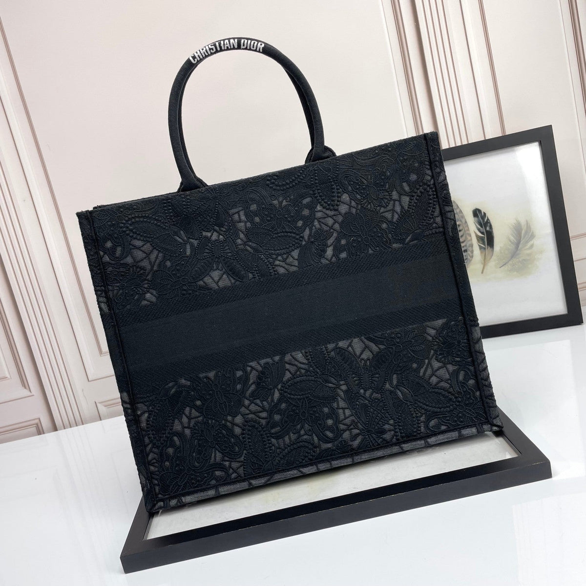 Dior Elegant Black Embroidered Floral Canvas Tote Bag with Top Handles