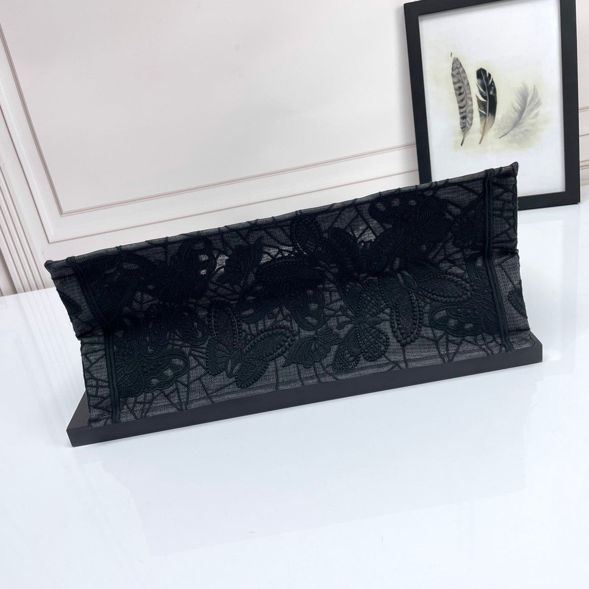 Dior Elegant Black Embroidered Floral Canvas Tote Bag with Top Handles