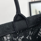 Dior Elegant Black Embroidered Floral Canvas Tote Bag with Top Handles