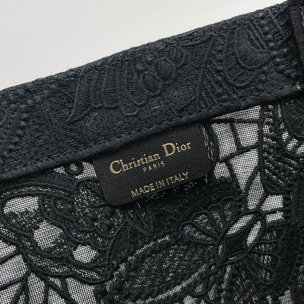 Dior Elegant Black Embroidered Floral Canvas Tote Bag with Top Handles
