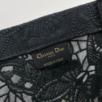 Dior Elegant Black Embroidered Floral Canvas Tote Bag with Top Handles