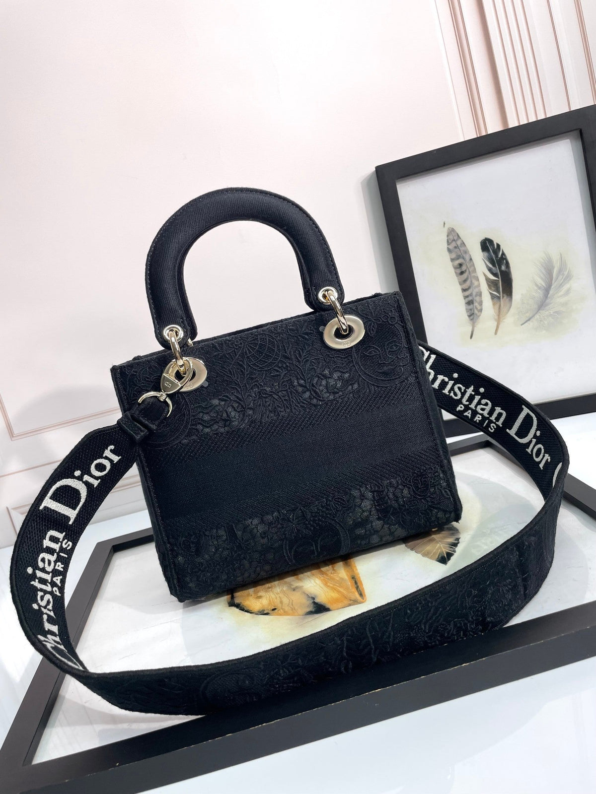 Dior Black Embroidered Canvas Top Handle Handbag with Shoulder Strap
