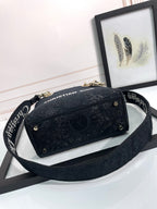 Dior Black Embroidered Canvas Top Handle Handbag with Shoulder Strap