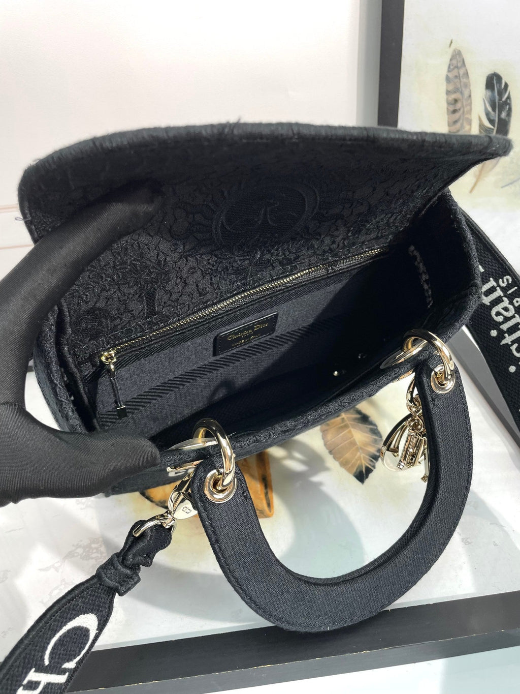 Dior Black Embroidered Canvas Top Handle Handbag with Shoulder Strap