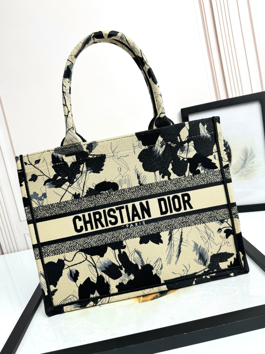 Dior Black Botanical Floral Embroidered Top Handle Large Canvas Tote Bag