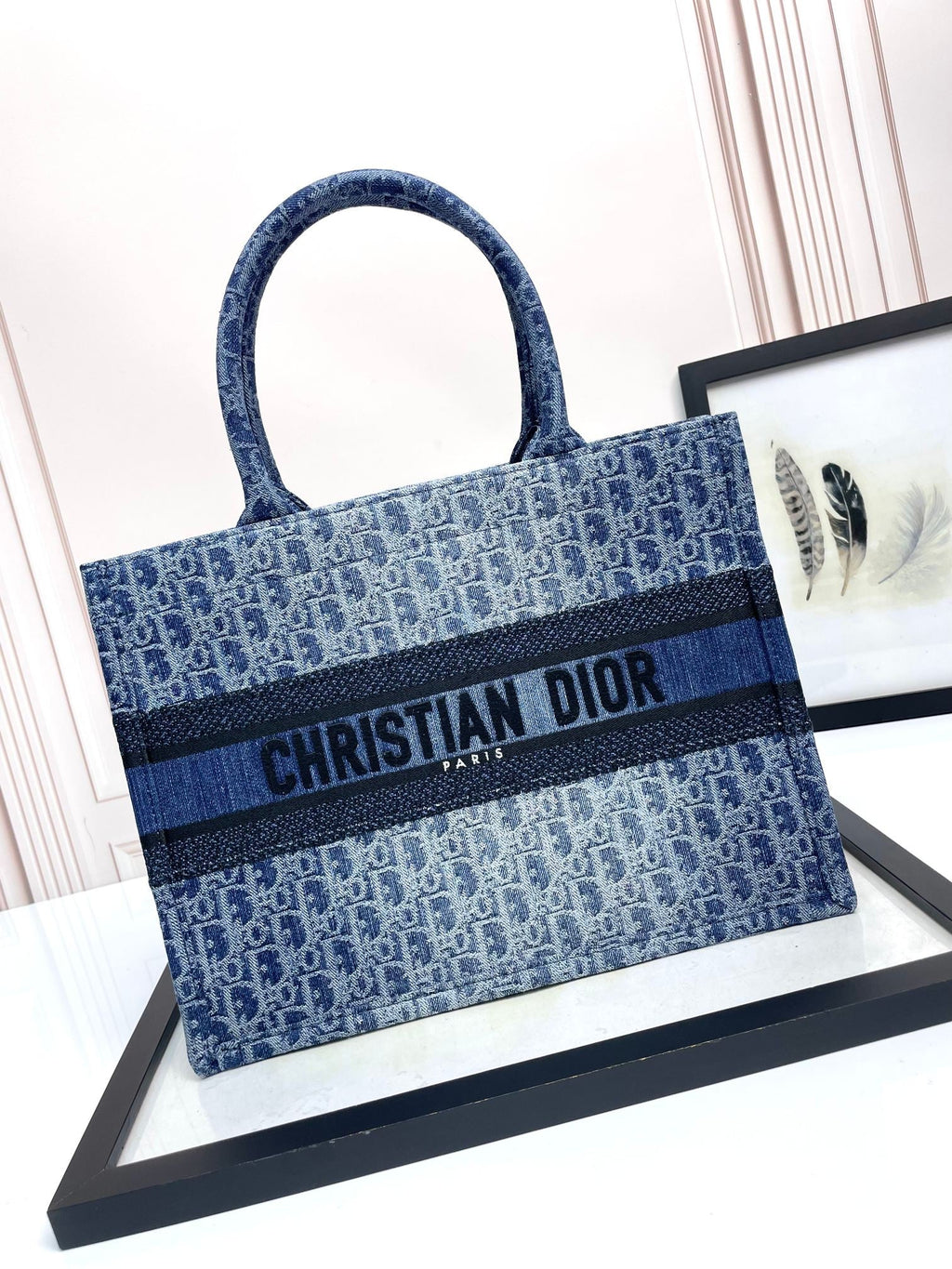 Dior Blue Monogram Embroidered Canvas Tote Bag Luxury Style Handbag