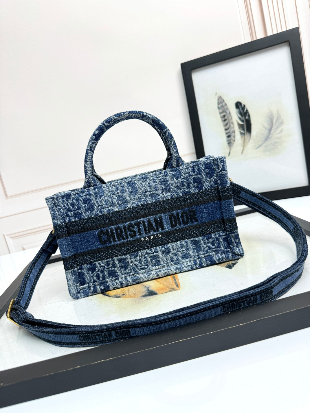 Dior Casual Blue Denim Monogram Tote Bag with Crossbody Strap