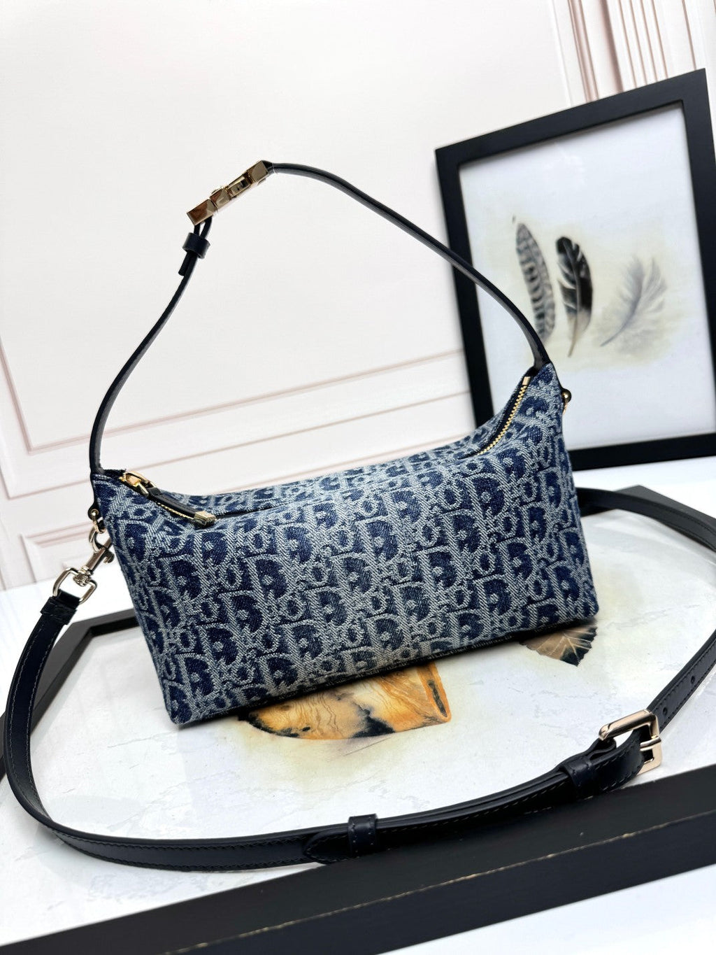 Dior Classic Blue Monogram Canvas Baguette Shoulder Bag with Strap