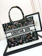 Dior Black Floral Dragonfly Embroidered Canvas Tote Handbag