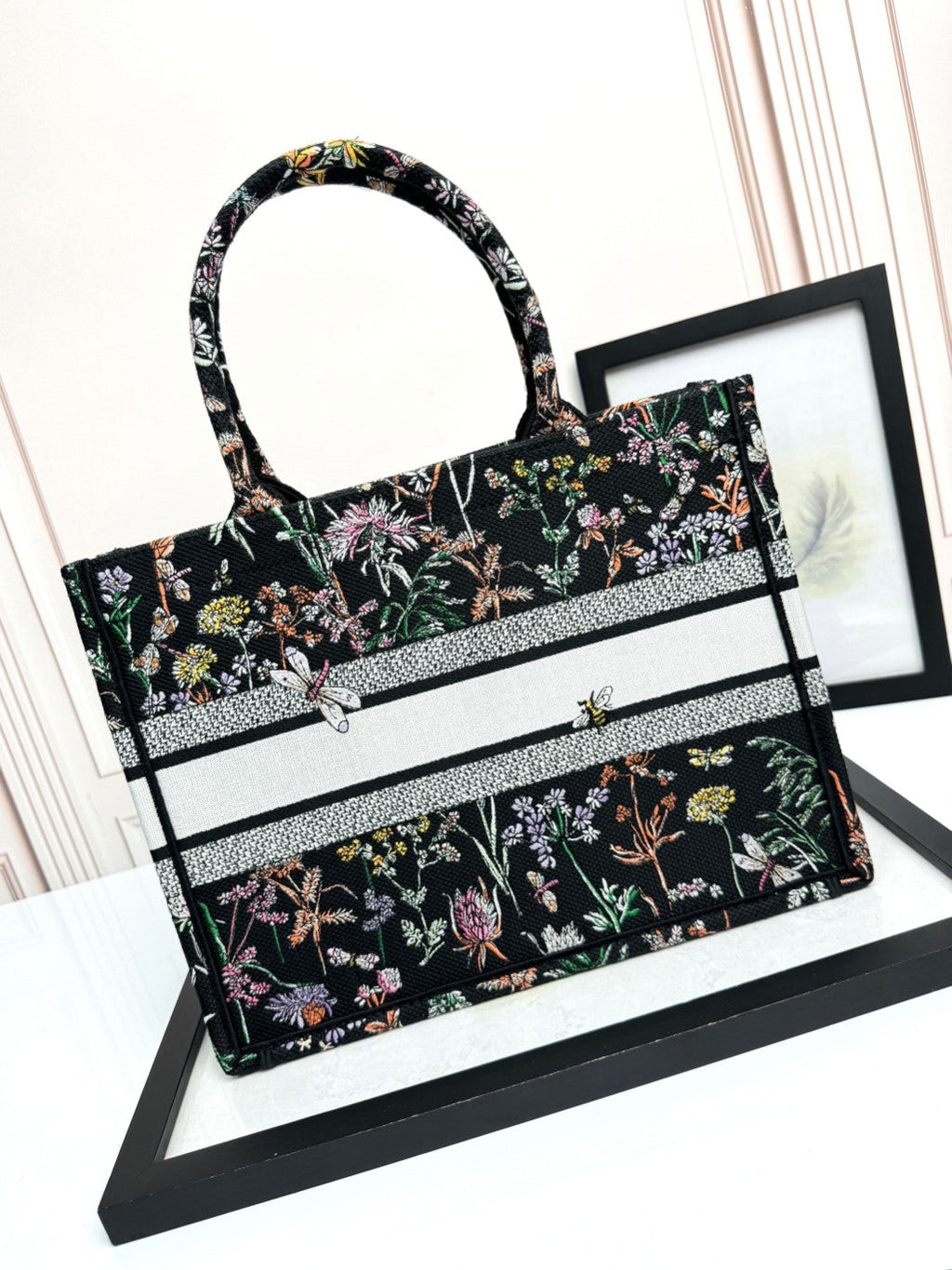 Dior Black Floral Dragonfly Embroidered Canvas Tote Handbag