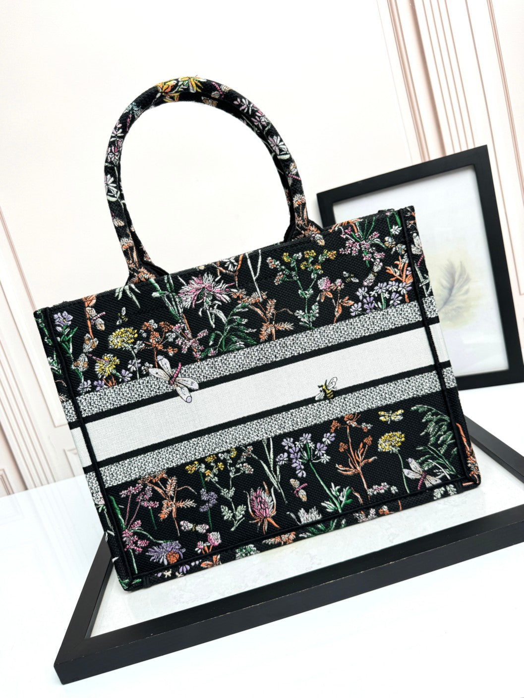 Dior Black Floral Dragonfly Embroidered Canvas Tote Handbag