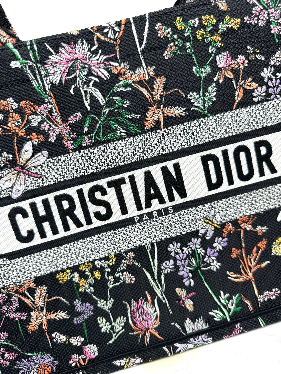 Dior Black Floral Dragonfly Embroidered Canvas Tote Handbag
