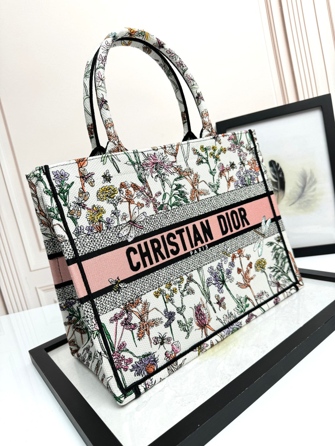 Dior Floral Embroidered Canvas Tote Bag Large Travel Handbag
