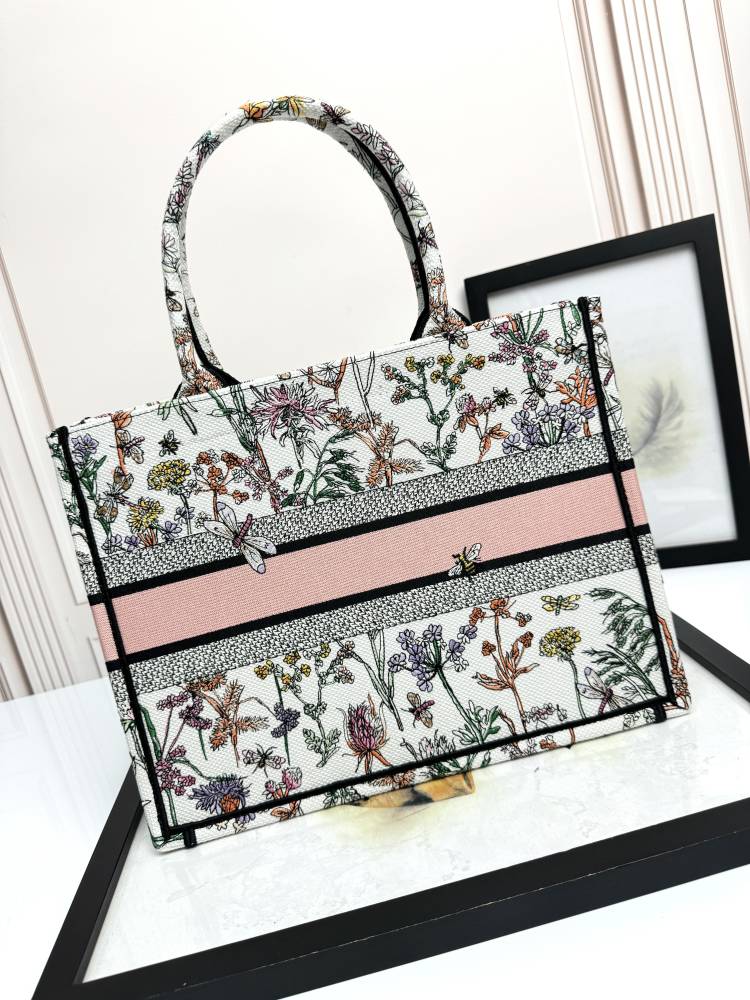 Dior Floral Embroidered Canvas Tote Bag Large Travel Handbag