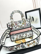 Dior Elegant Floral Embroidered Canvas Handbag with Shoulder Strap