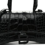Shiny Calfskin Monochrome Crocodile Embossed Hourglass Top Handle Bag XS Black