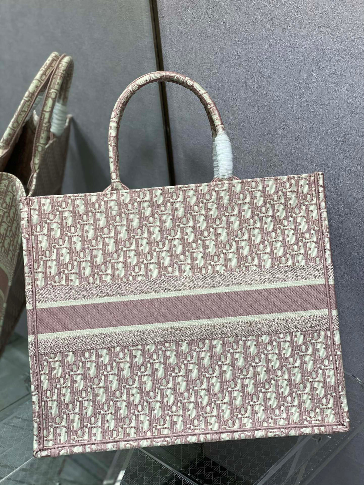 Dior Dusty Pink Monogram Canvas Tote Bag Structured Top Handle Handbag