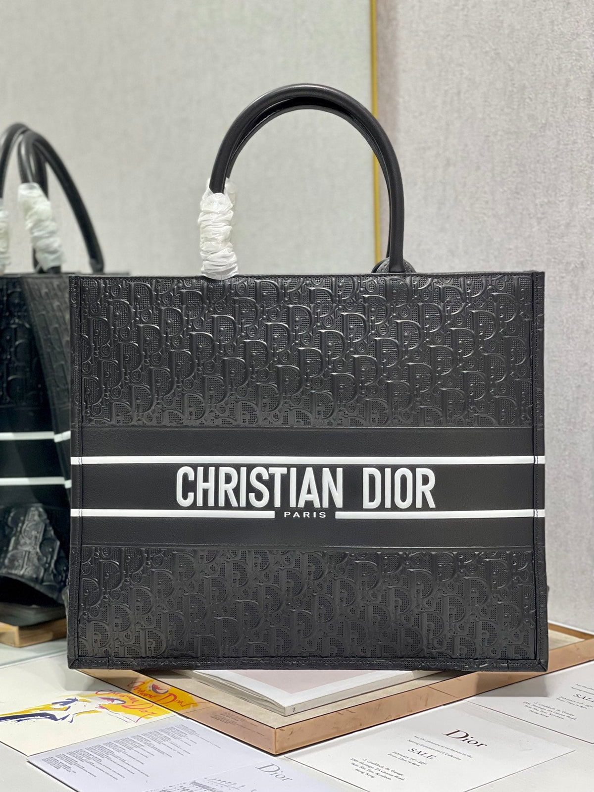 Dior Black Embossed Monogram Square Tote Bag with Top Handles