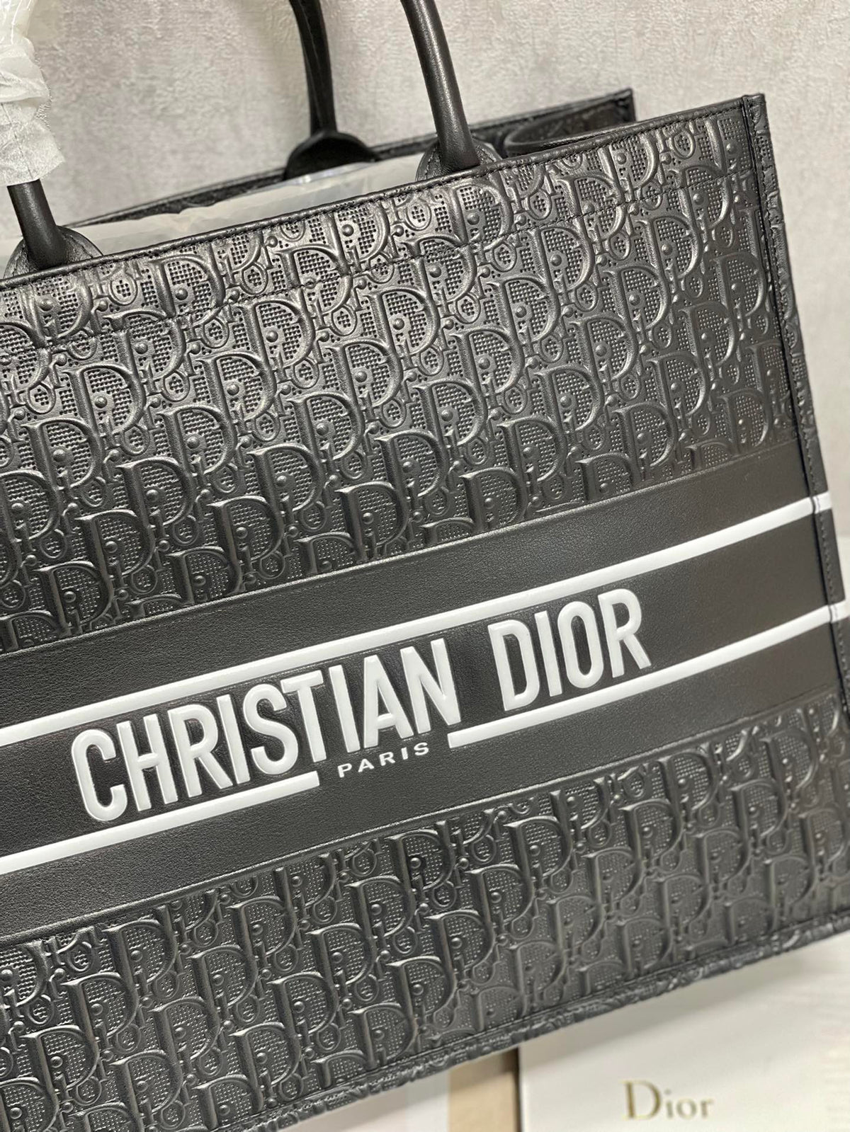 Dior Black Embossed Monogram Square Tote Bag with Top Handles