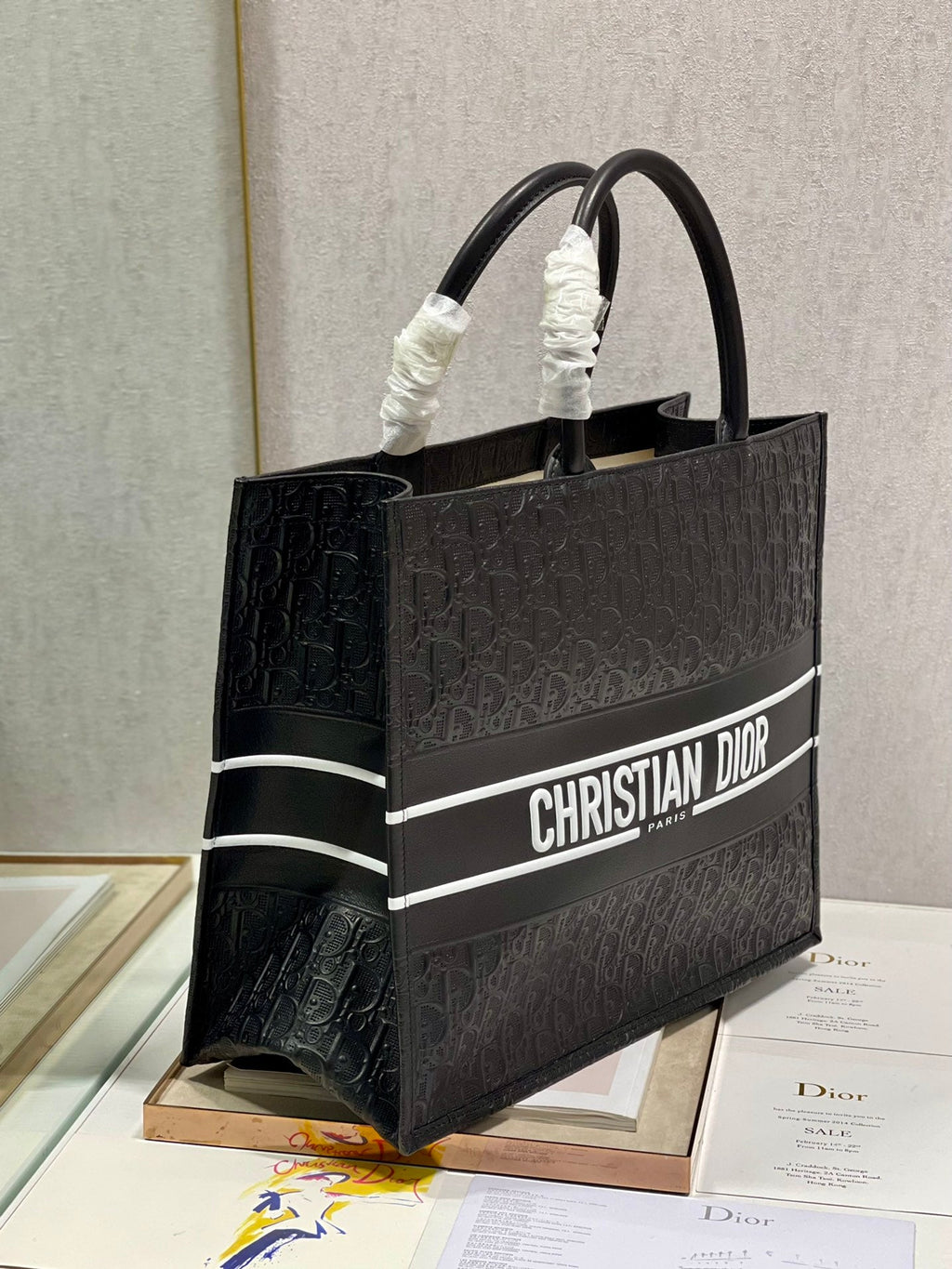 Dior Black Embossed Monogram Square Tote Bag with Top Handles