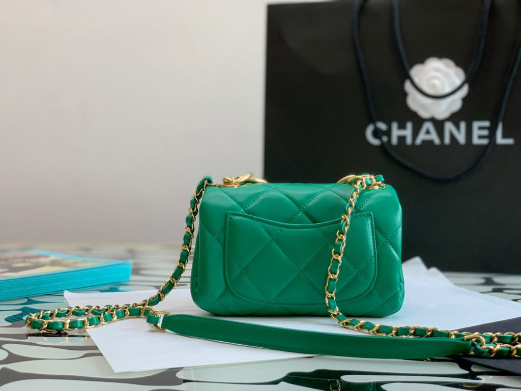 Chanel Green Quilted Mini Flap Bag with Gold-Tone Chunky Chain Handle